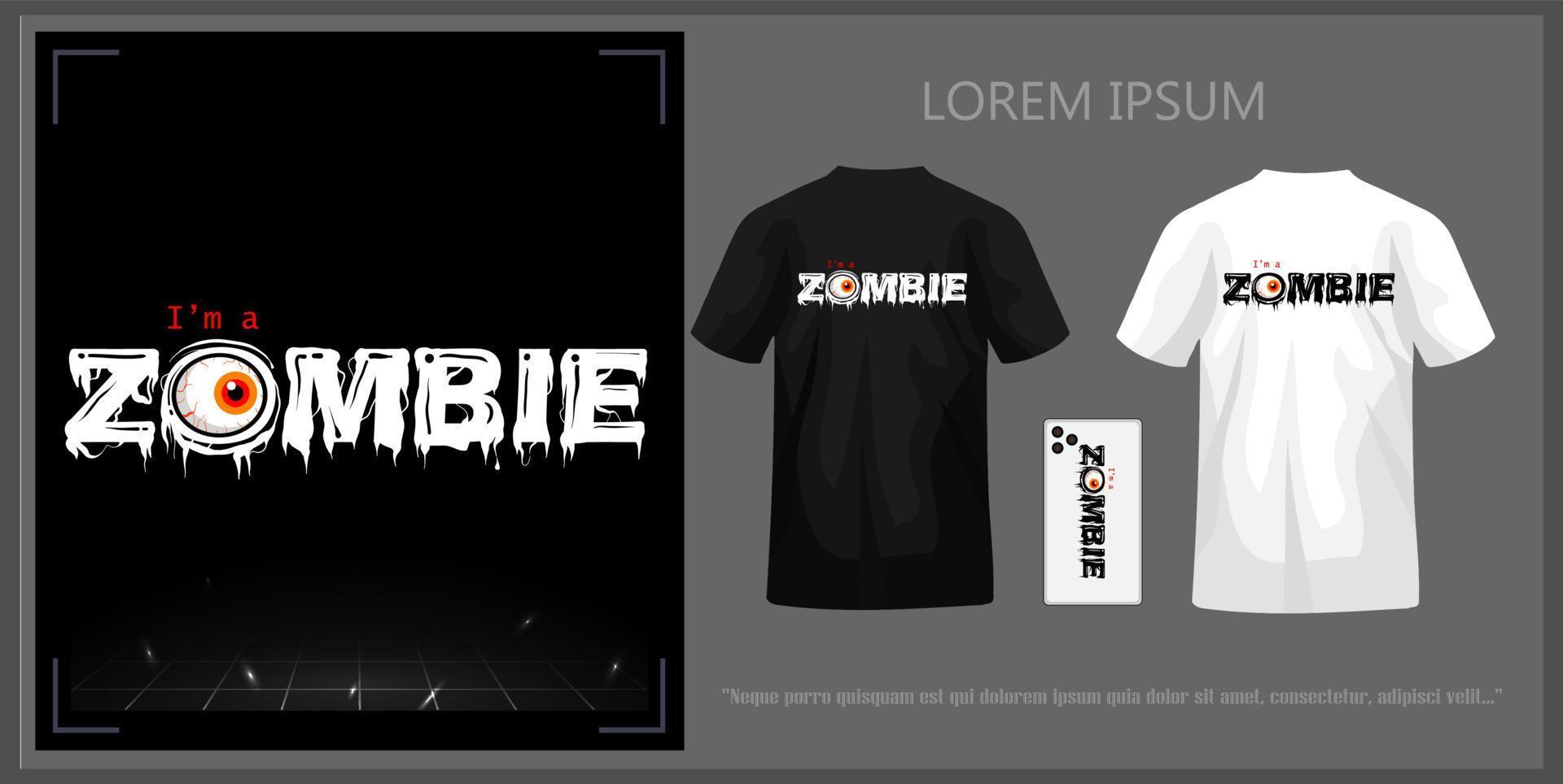 illustrerade t-shirt design med de ord zombie komplett med mockup. vektor