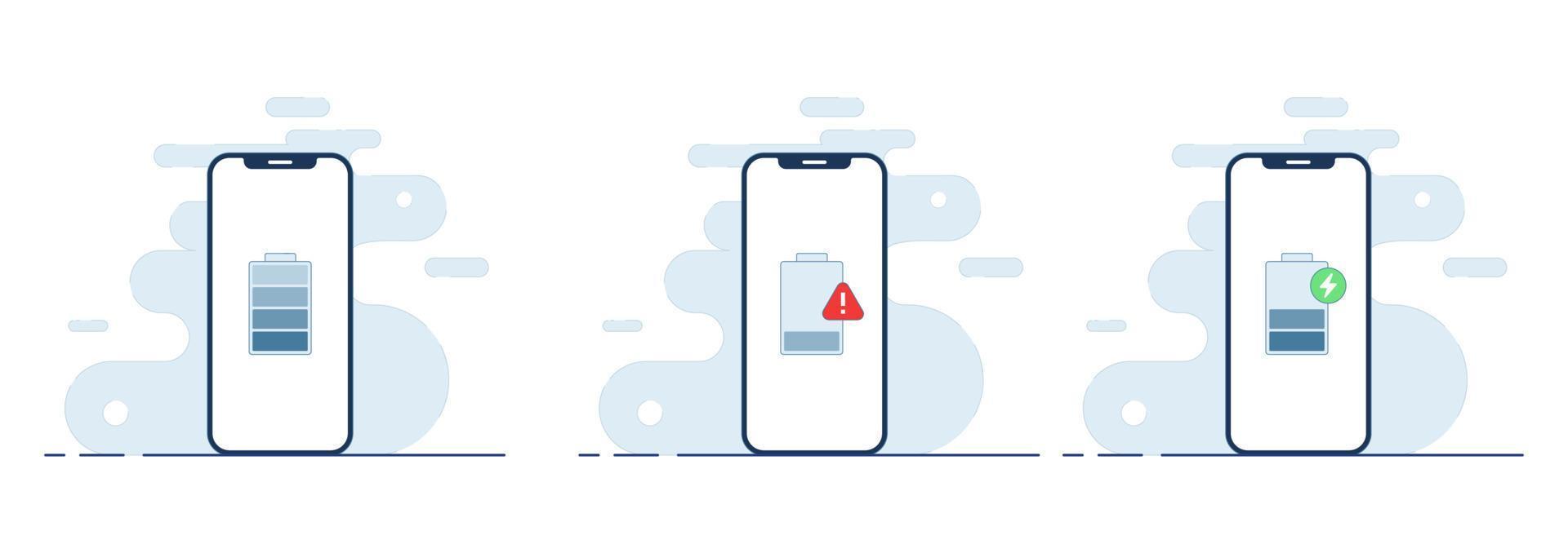 smartphone batteri energi nivå indikatorer platt vektor illustrationer, låg batteri nivå, batteri laddar, fullt laddad batteri