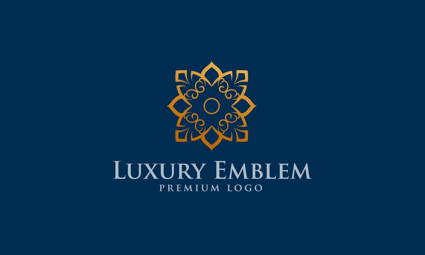 lyx emblem vektor logotyp mall. guld och blå parttern prydnad, lätt till använda sig av.