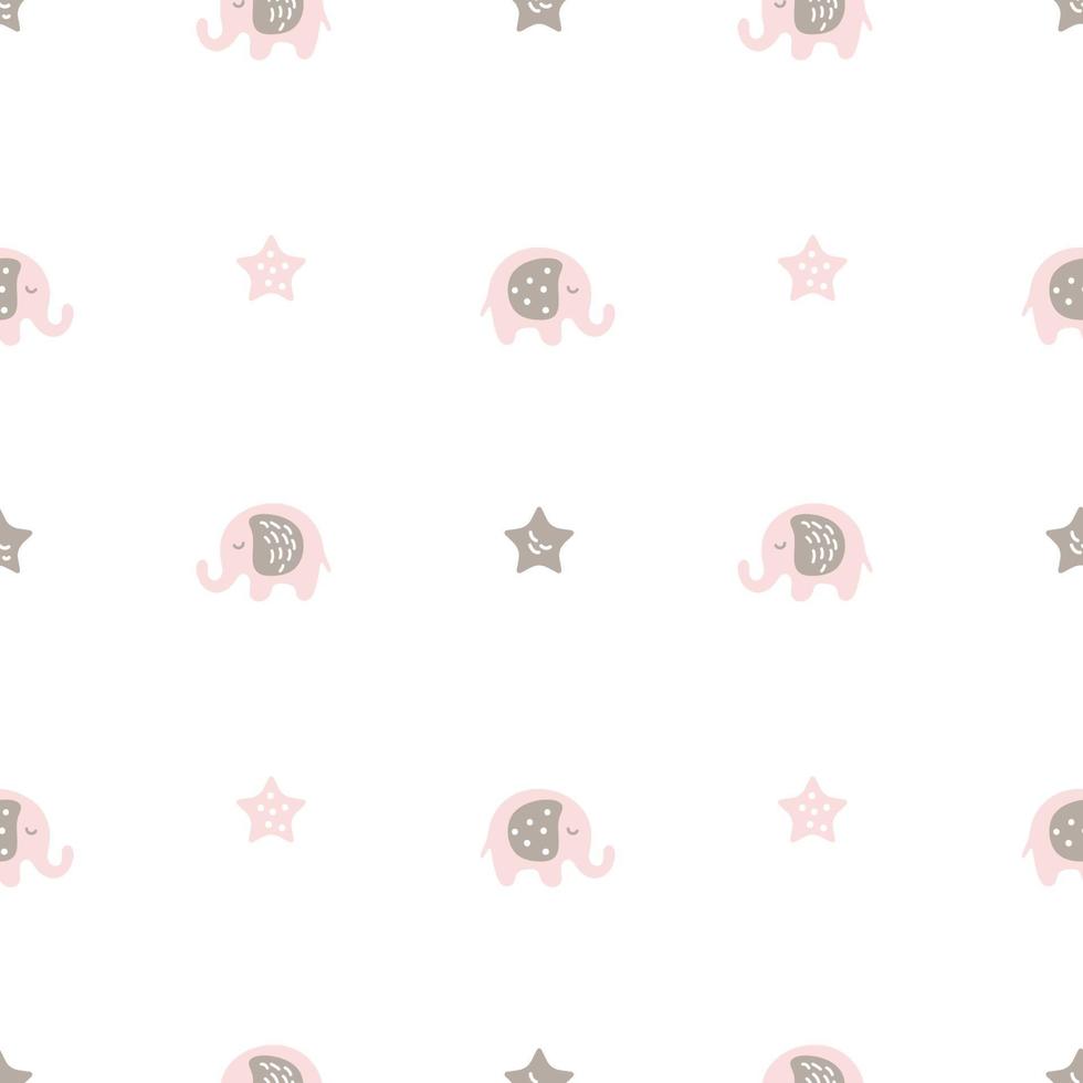 lilla söta rosa elefanter vektor skandinaviskt sömlöst mönster. baby elefant och stjärnor nordiska. doodle tecknade djur. färgglad bakgrund för barn. barns tapeter
