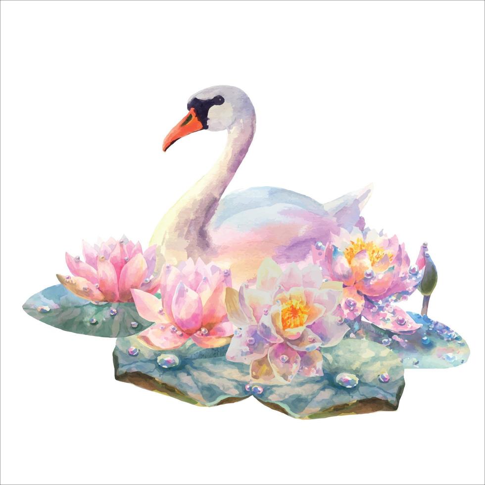 Aquarell Vektor Illustration Wasser Lilien und Weiß Schwan isoliert auf Weiß Hintergrund.