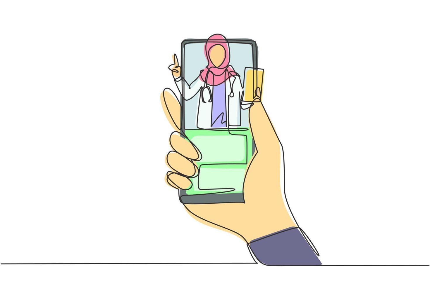 Kontinuierliche eine Linie zeichnende Hand, die Smartphone hält, und es kommt eine Hijab-Ärztin aus dem Smartphone-Bildschirm, die die Zwischenablage hält. Online-Beratung. Single Line Draw Design Vektorgrafik vektor