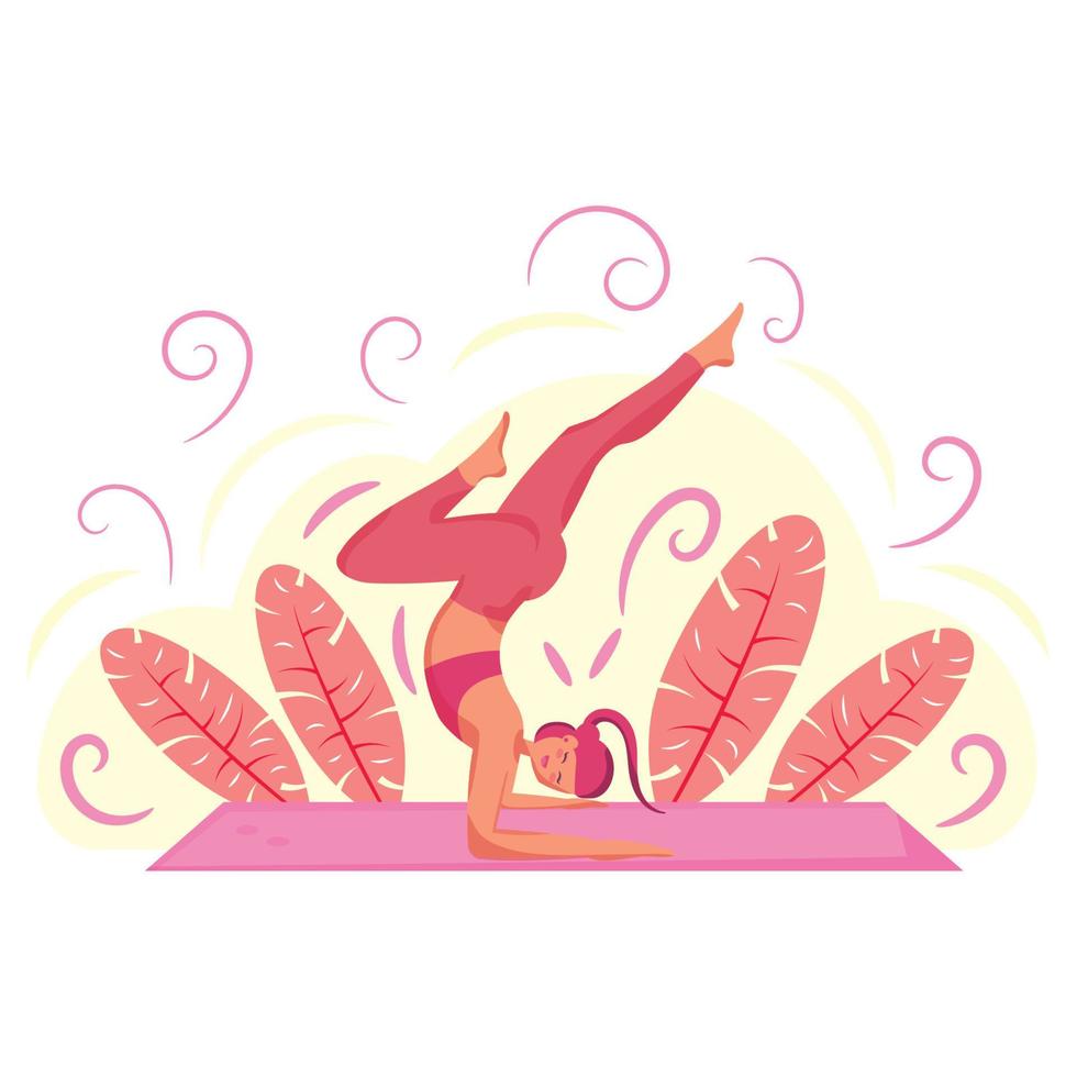 platt flicka karaktär på en naturlig miljö håller på med yoga vektor illustration