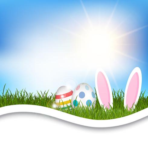 Påsk bakgrund med ägg och kanin öron i gräset vektor