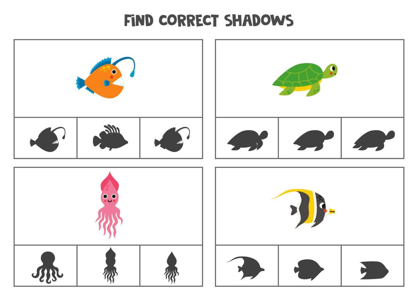 hitta korrekt skugga av söt hav djur. tryckbar klämma kort spel för barn. vektor