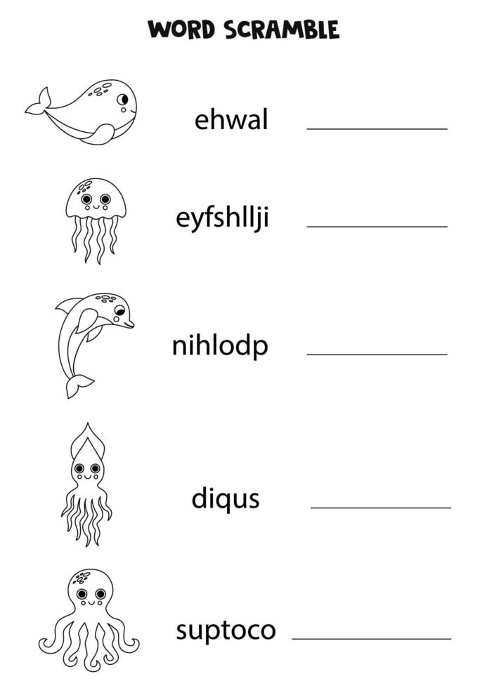 pussel för barn. word scramble för barn. svartvita havsdjur. vektor