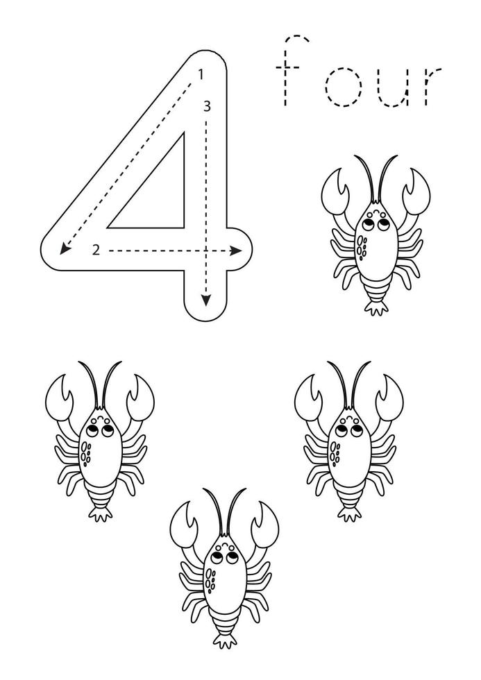 Speicherkarte Nummer 4. Vorschule Arbeitsblatt. schwarz und Weiß Hummer. vektor