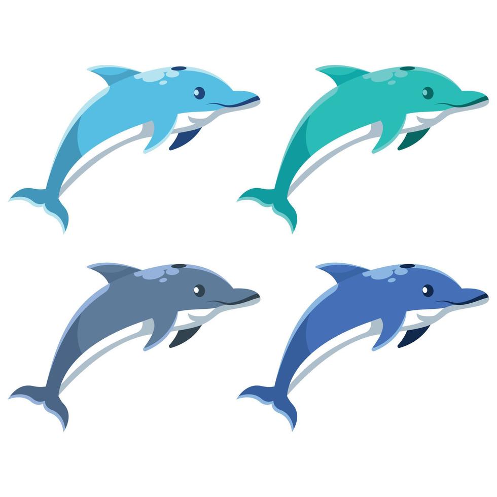 vektor illustration av söt söt delfin tecken. uppsättning av tecken. uttryckssymbol, maskot, tecknad serie karaktär av delfin, isolerat på vit bakgrund