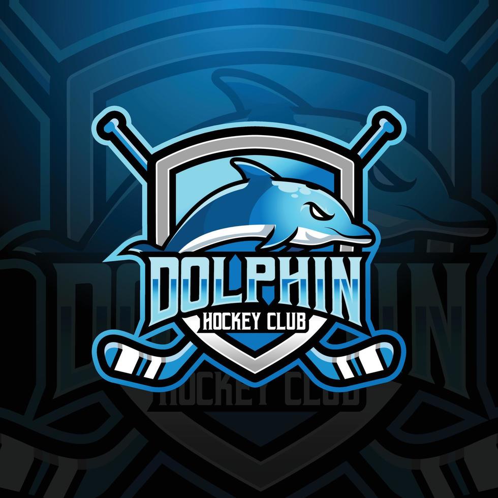 delfin maskot is hockey team logotyp design vektor med modern illustration begrepp stil för bricka, emblem och tshirt utskrift. modern delfin skydda logotyp illustration för sport, spelare, banderoll