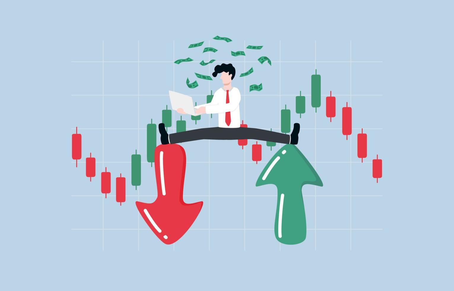 Herstellung profitieren von beide steigend und fallen Märkte, geschickt Analyse von Markt Tendenzen, Fachmann Investition Konzept, Clever Geschäftsmann Herstellung Geld von Handel auf beide oben und Nieder Pfeile. vektor