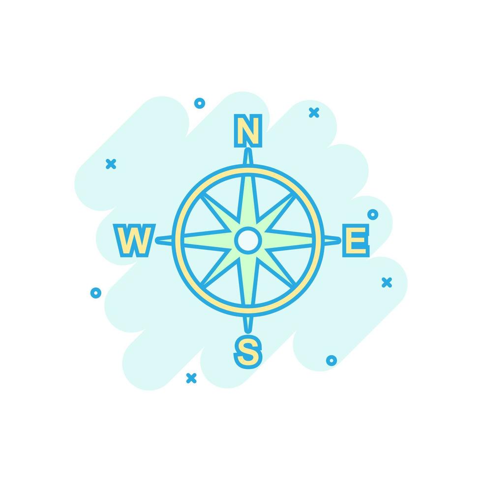 global navigering ikon i komisk stil. kompass gps vektor tecknad serie illustration på vit isolerat bakgrund. plats upptäckt företag begrepp stänk effekt.