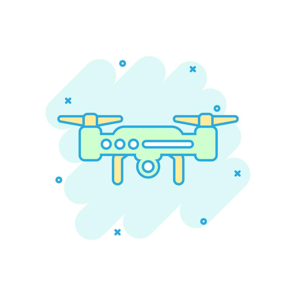 Drohnen-Quadrocopter-Symbol im Comic-Stil. Quadcopter-Kamera-Vektor-Cartoon-Illustration auf weißem, isoliertem Hintergrund. Hubschrauberflug-Geschäftskonzept-Splash-Effekt. vektor