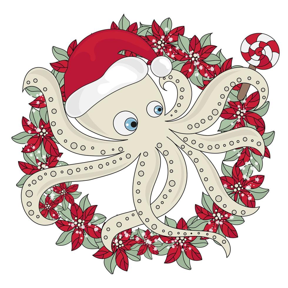 Weihnachten Tintenfisch Symbol Neu Jahr Karikatur Vektor Illustration einstellen