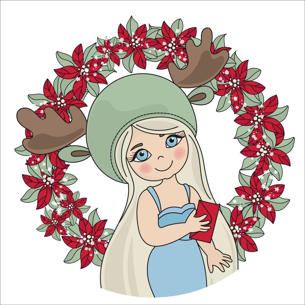 jul flicka porträtt blomma krans vektor illustration uppsättning