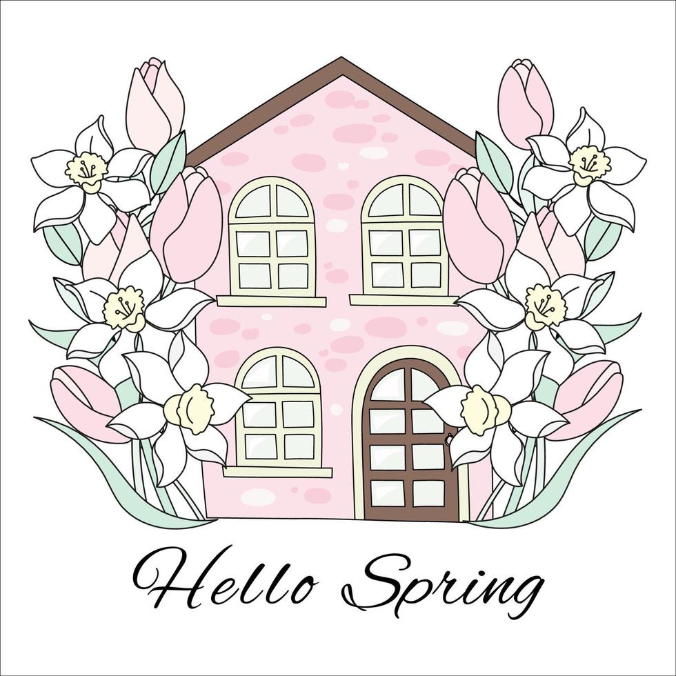 Frühling Haus Narzisse und Tulpe Garten Vektor Illustration einstellen