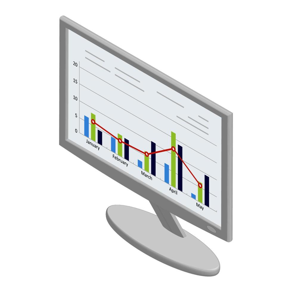 isometrisch Monitor mit Grafiken und Diagramme auf das Bildschirm isoliert auf Weiß. Vektor Folge10.