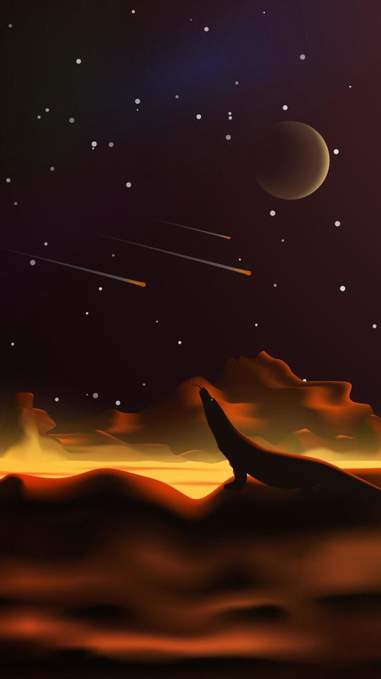 Fantastisch Raum Landschaft im das Stil von Realismus. Lava Fluss. Planet im das Himmel. Silhouette von ein Eidechse Das sieht aus beim das fallen Meteore. Vertikale Vektor Illustration.