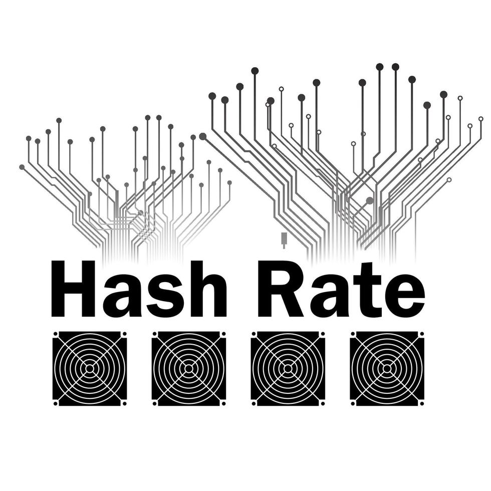 Hash Bewertung von Blockchain Netzwerk mit asic Symbol isoliert auf Weiß. Kryptowährung Bergbau Geräte und pcb Spuren. Digital Computing Leistung. Vektor Illustration.