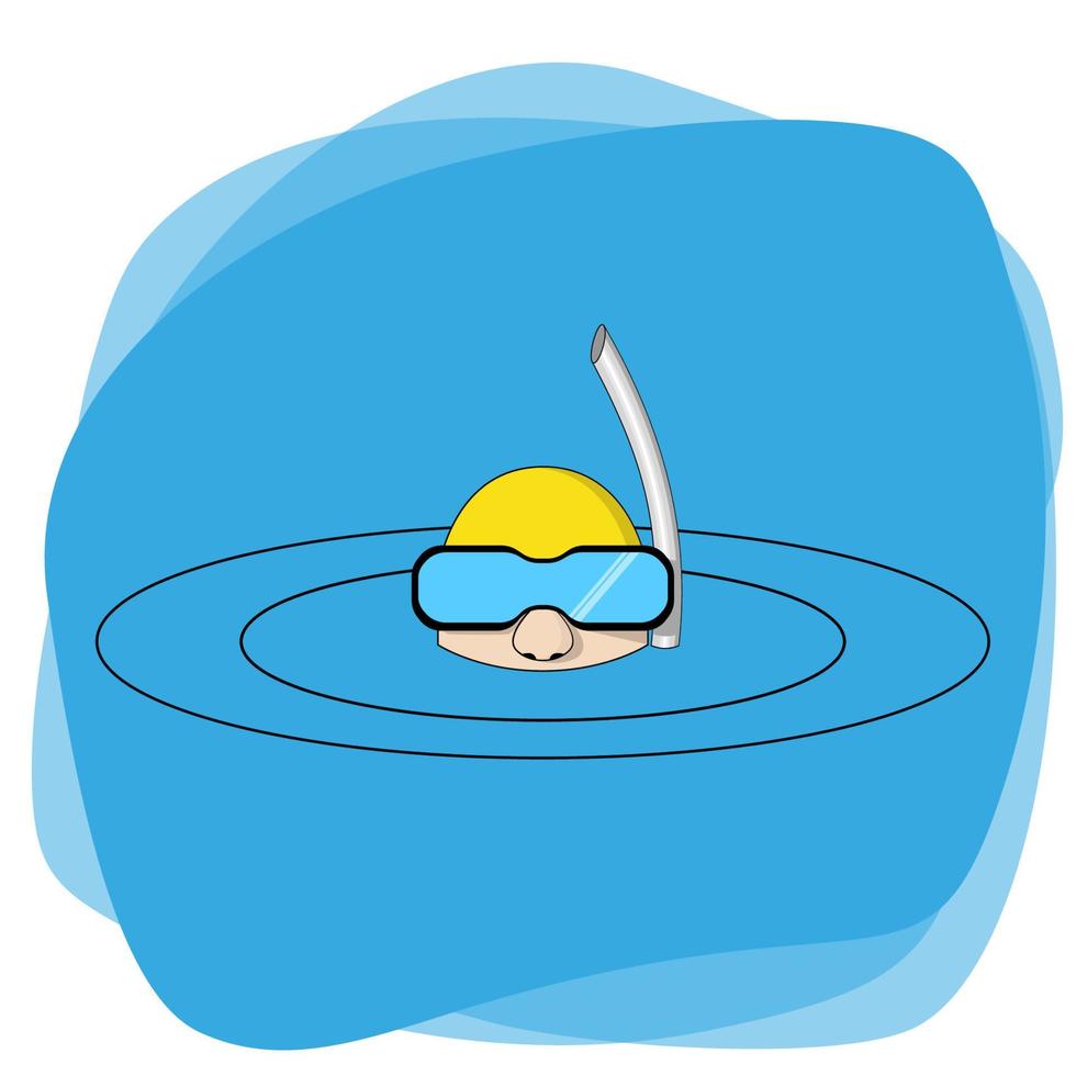 en man i vatten i en mask och med en snorkling rör. cirklar i blå vatten och en gul keps för simning på hans huvud. isolerat vektor. vektor