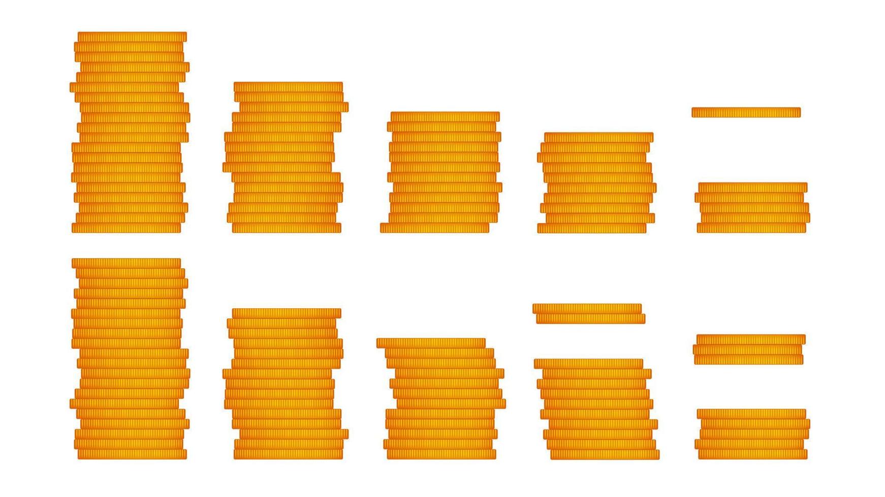 uppsättning av gyllene stackar av mynt isolerat på vit. tecknad serie stil. sida se. stor jackpott. vektor 10.