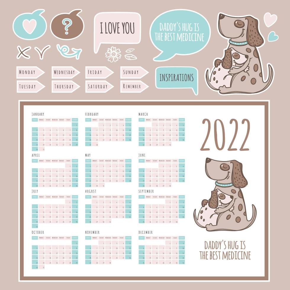 planerare kalender 2022 hund tryckbar och skärande vektor uppsättning