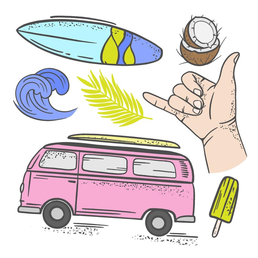 Surfen Ferien Reise Hand gezeichnet Vektor Illustration einstellen