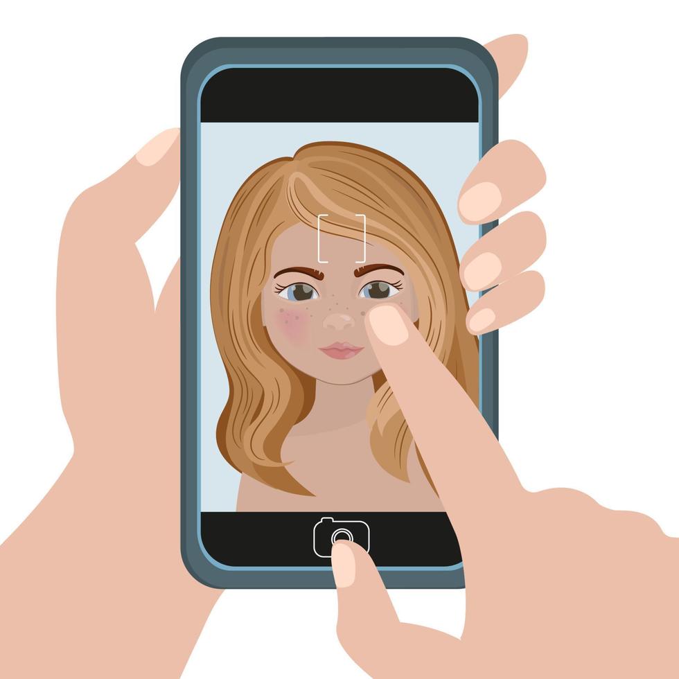 Frau Selfie Foto auf Smartphone Vektor Illustration einstellen