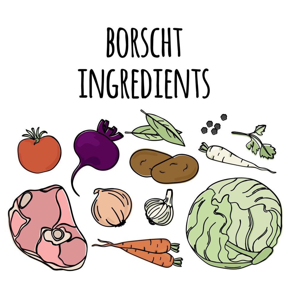 borscht Ingredienser ryska soppa mat vektor illustration uppsättning