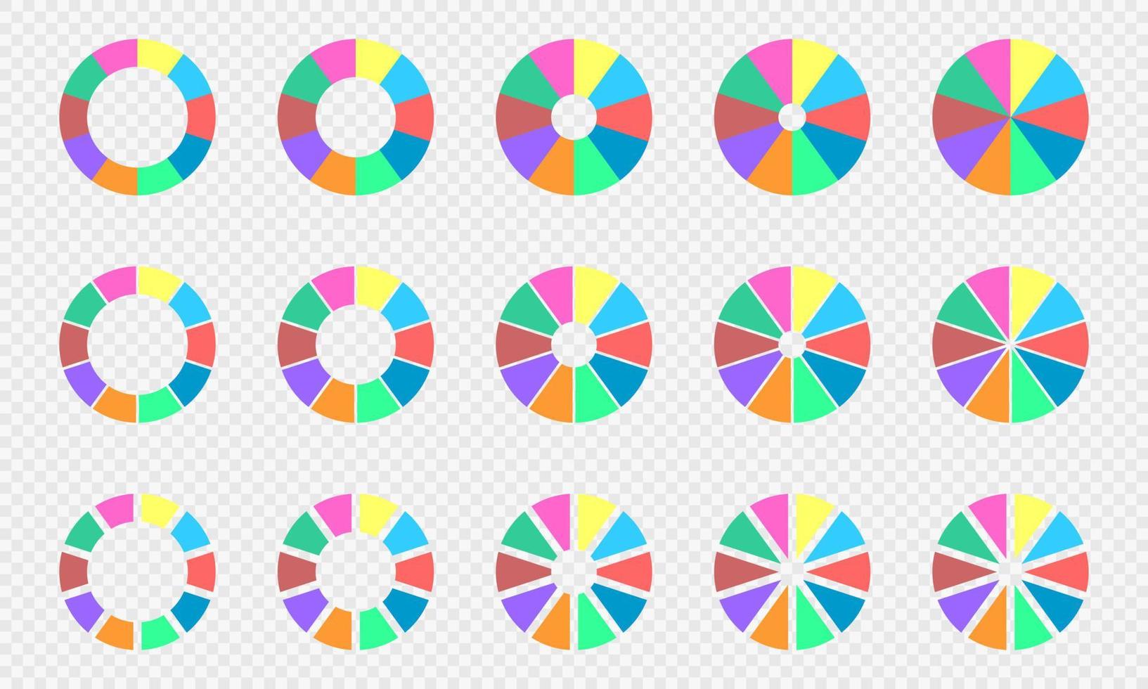 Kuchen und Krapfen Diagramme Satz. Kreis Diagramme geteilt im 10 Abschnitte von anders Farben. Infografik Räder. runden Formen Schnitt im zehn Teile vektor