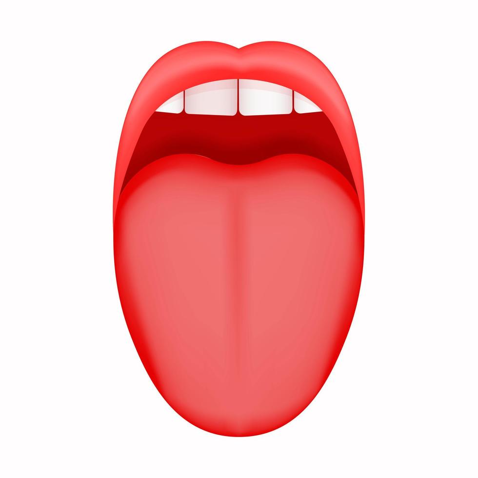 öppen mun med fastnar ut tunga och övre framtänder tänder. mänsklig smak organ vektor