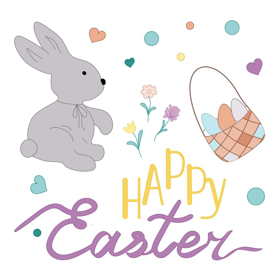 glücklich Ostern Gruß Karte Hase Hase Blumen, Eier Ostern im Korb. Gekritzel Vektor Illustration.