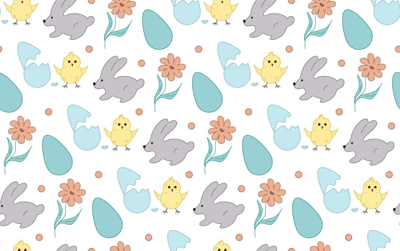 sömlös mönster kanin, blommor, kyckling, ägg. pastell vektor. textur av påsk gåva, textil. vektor