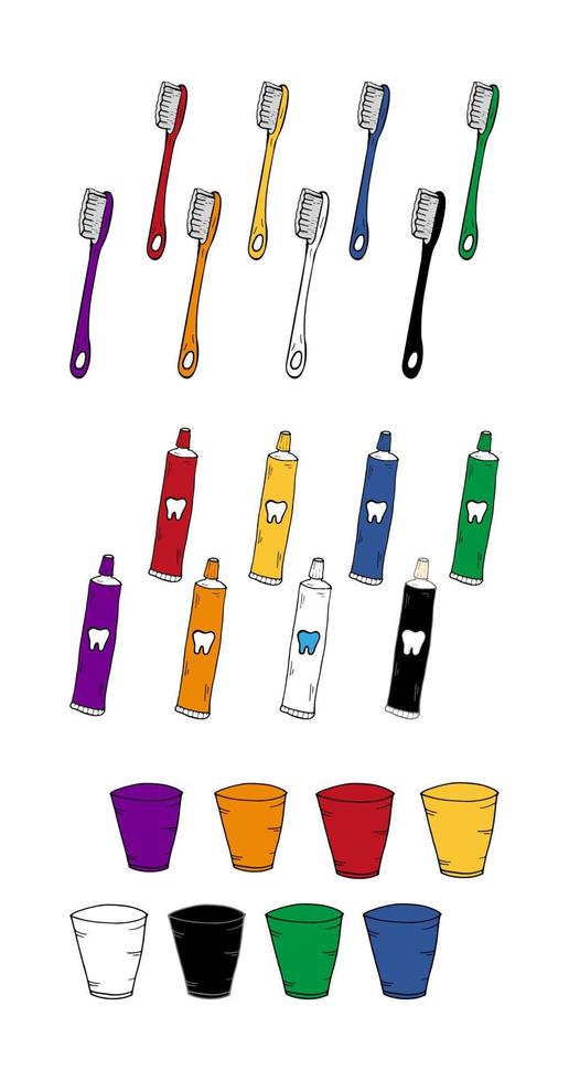 tandborstar, tandkräm, munvatten färgrik vektor illustration. klotter stil.