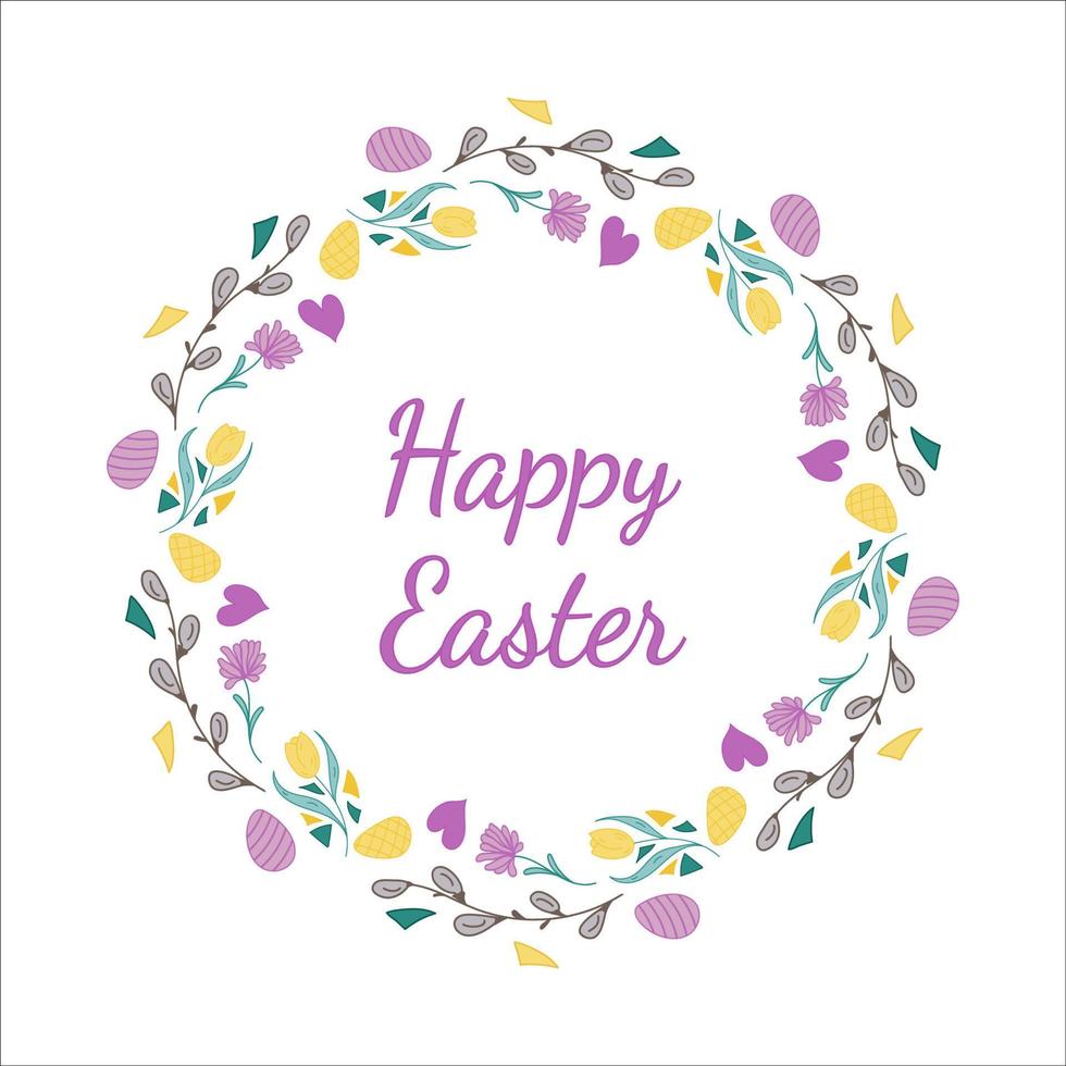 Ostern Kranz. Weide Knospen, Blumen, Herz, Eier. Gekritzel Vektor Illustration. glücklich Ostern Beschriftung