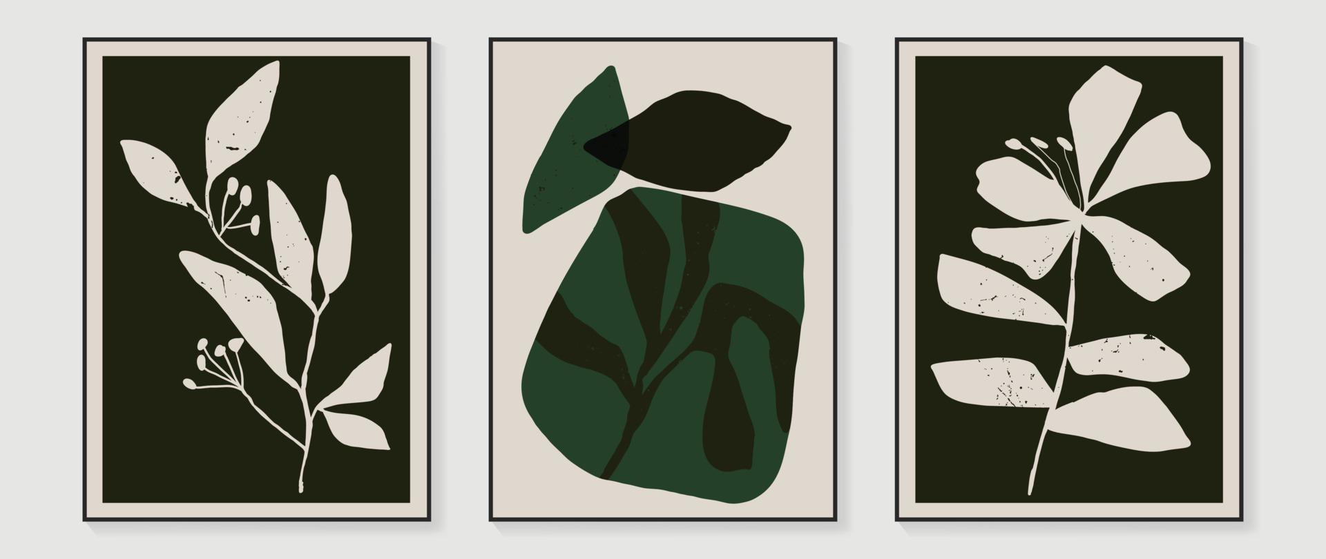 uppsättning av abstrakt lövverk vägg konst vektor. grunge textur, svart och grön Färg, blommor i hand dragen stil. botanisk vägg dekoration samling design för interiör, affisch, omslag, baner. vektor