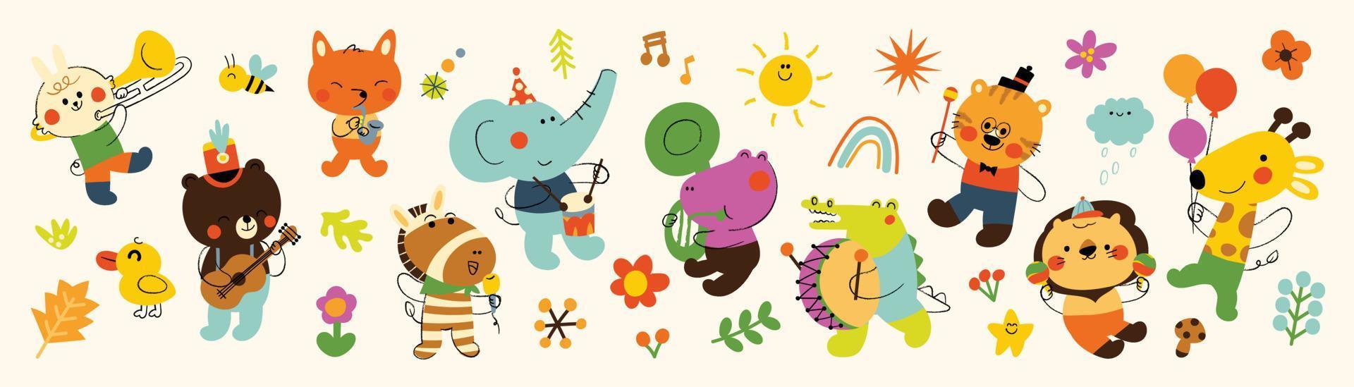 süß Tiere Vektor Satz. Karikatur heiter Tiere spielen Musik- Instrumente, Parade von Kaninchen, Elefant, Tiger, Giraffe. Design geeignet zum Kinder, Ausbildung, Bildung, Stoff, Hintergrund, Kleidung.