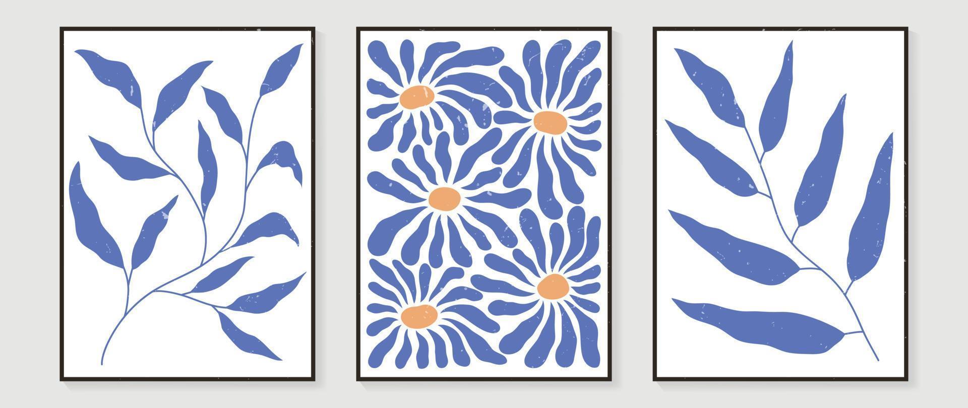 einstellen von abstrakt Blumen- Mauer Kunst Vektor. Blätter, Aquarell Textur, Blau Farbe, Blatt Geäst im Hand gezeichnet Stil. botanisch Mauer Dekoration Sammlung Design zum Innere, Poster, Abdeckung, Banner. vektor