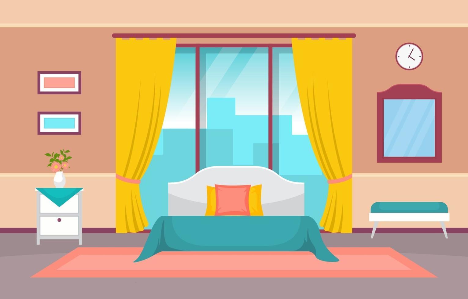 gemütliches Hotelzimmer mit Doppelbett und Fenstern vektor