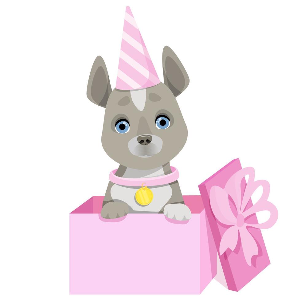 grau Hund sitzt im ein Rosa Geschenk Box vektor