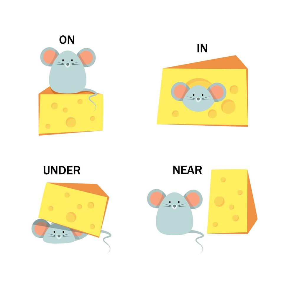 einstellen von Mäuse mit Käse und Wörter An, unter, in der Nähe von und im vektor
