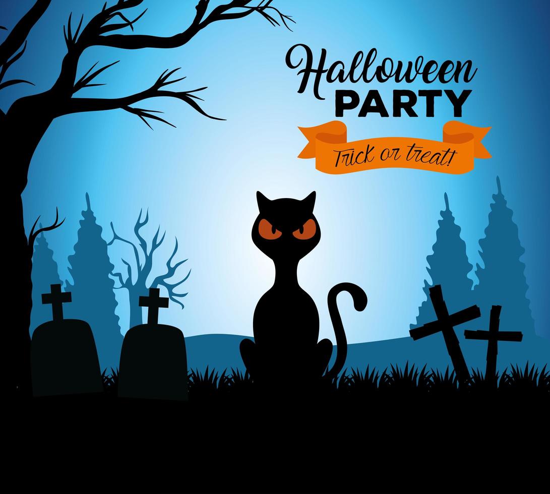 Happy Halloween Banner mit schwarzer Katze auf dem Friedhof vektor