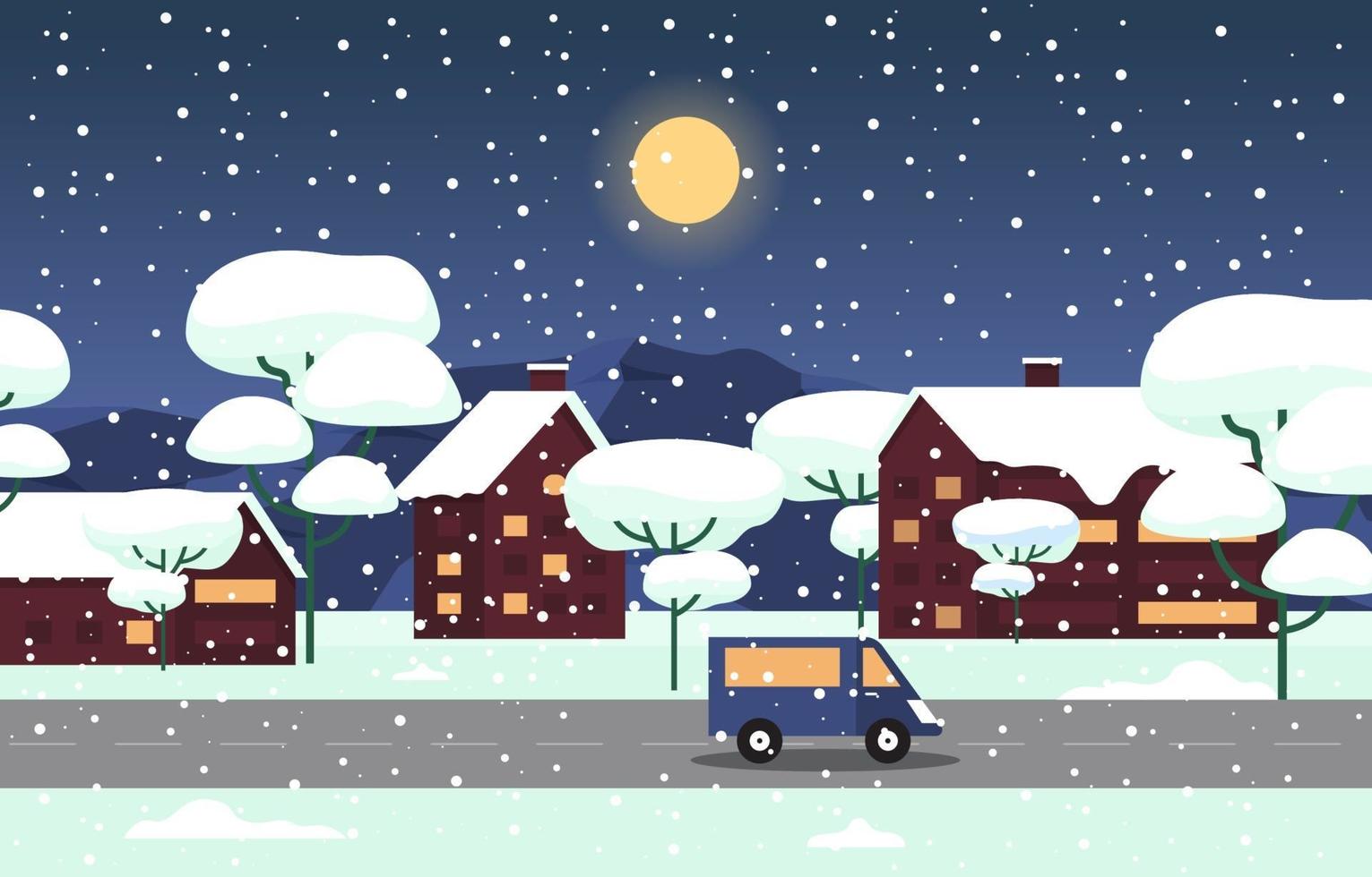 mysig snöig vinterstadsscen med träd, hem och bil vektor