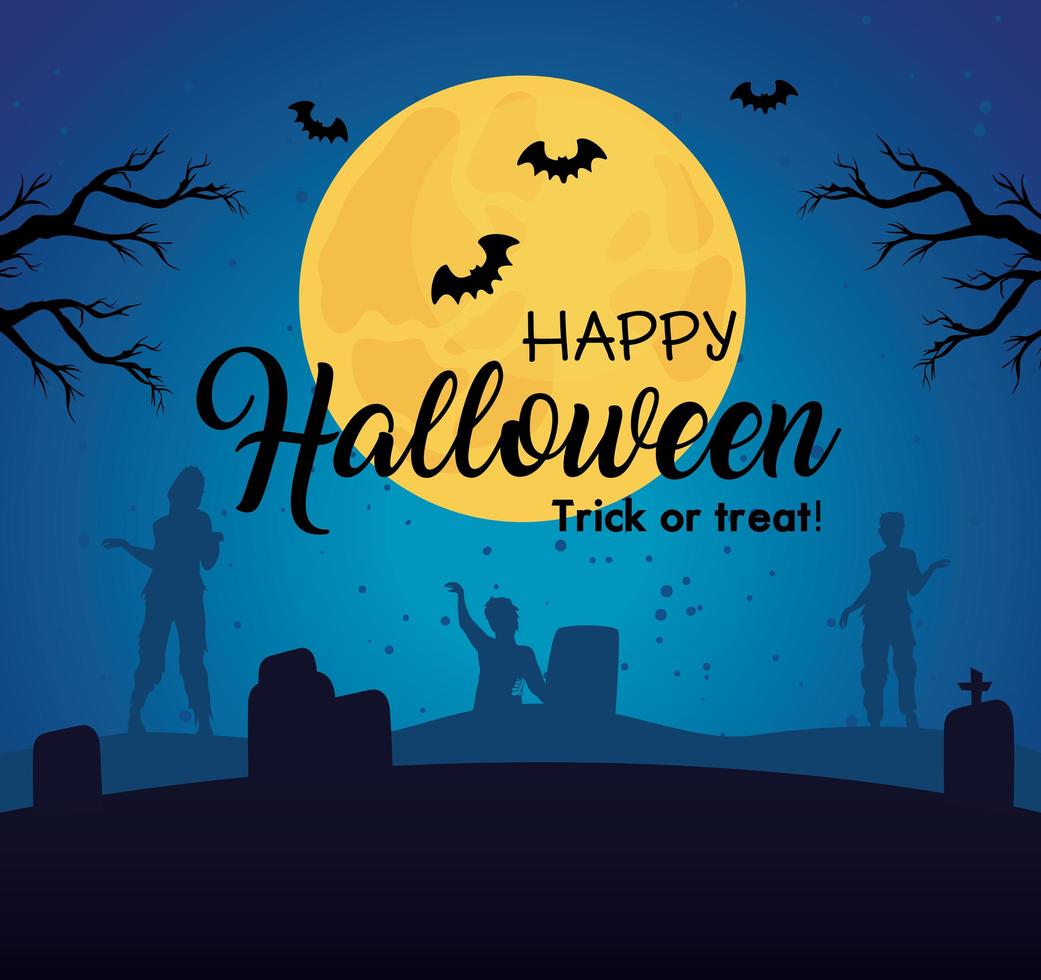 glad Halloween-banner med zombiesilhouetter på kyrkogården vektor