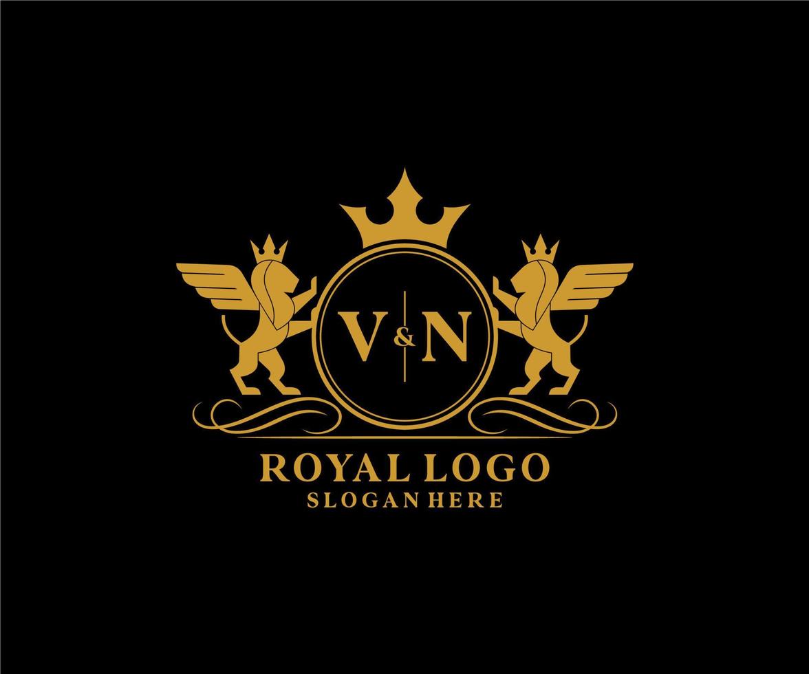 Initiale vn Brief Löwe königlich Luxus heraldisch, Wappen Logo Vorlage im Vektor Kunst zum Restaurant, Königtum, Boutique, Cafe, Hotel, heraldisch, Schmuck, Mode und andere Vektor Illustration.