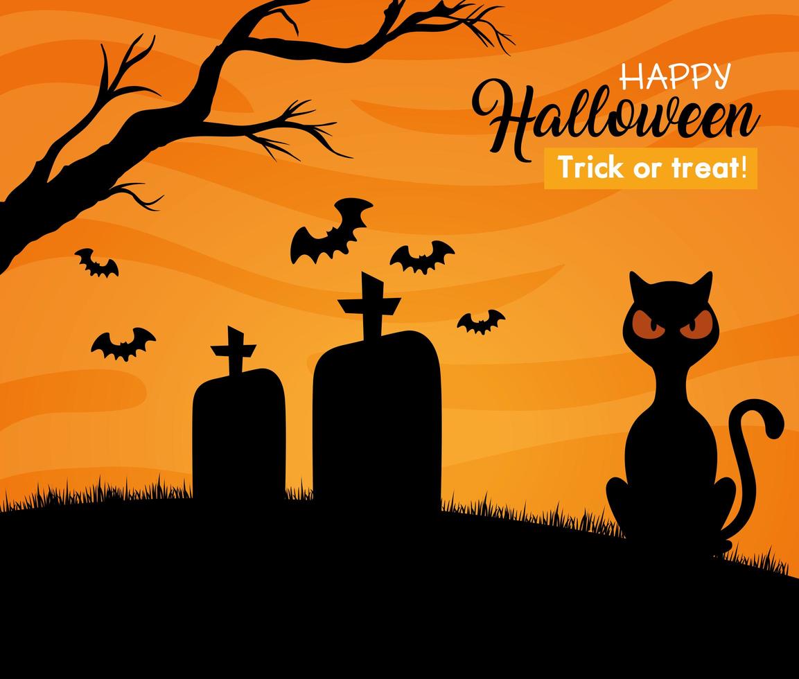 glückliches Halloween-Banner mit schwarzer Katze und Fledermäusen, die im Friedhof fliegen vektor