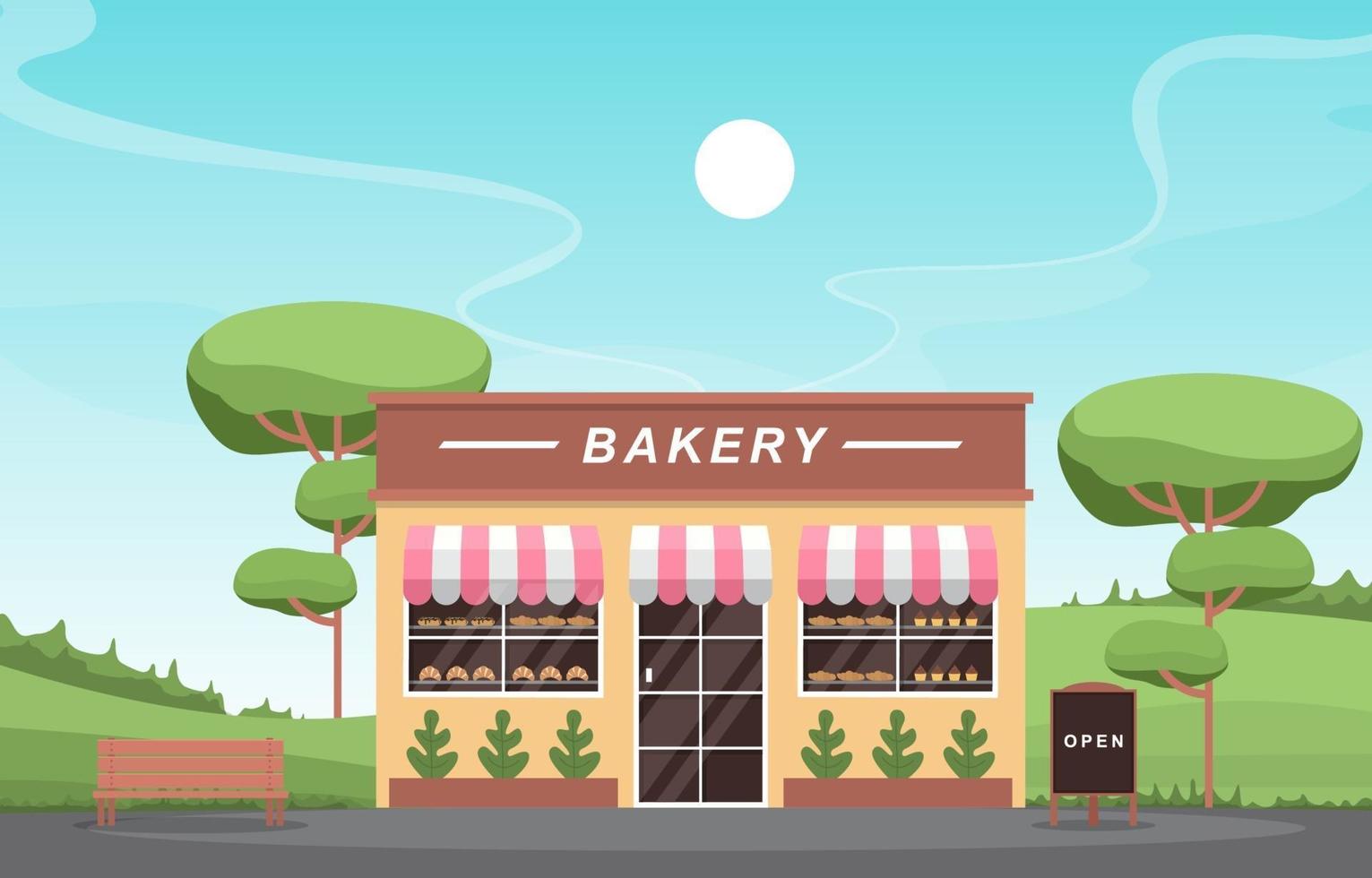 schicke Bäckerei mit Bäumen und Bank vektor