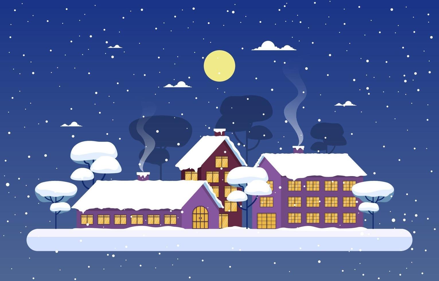mysig snöig vinterstadsscen med träd, hem och måne vektor