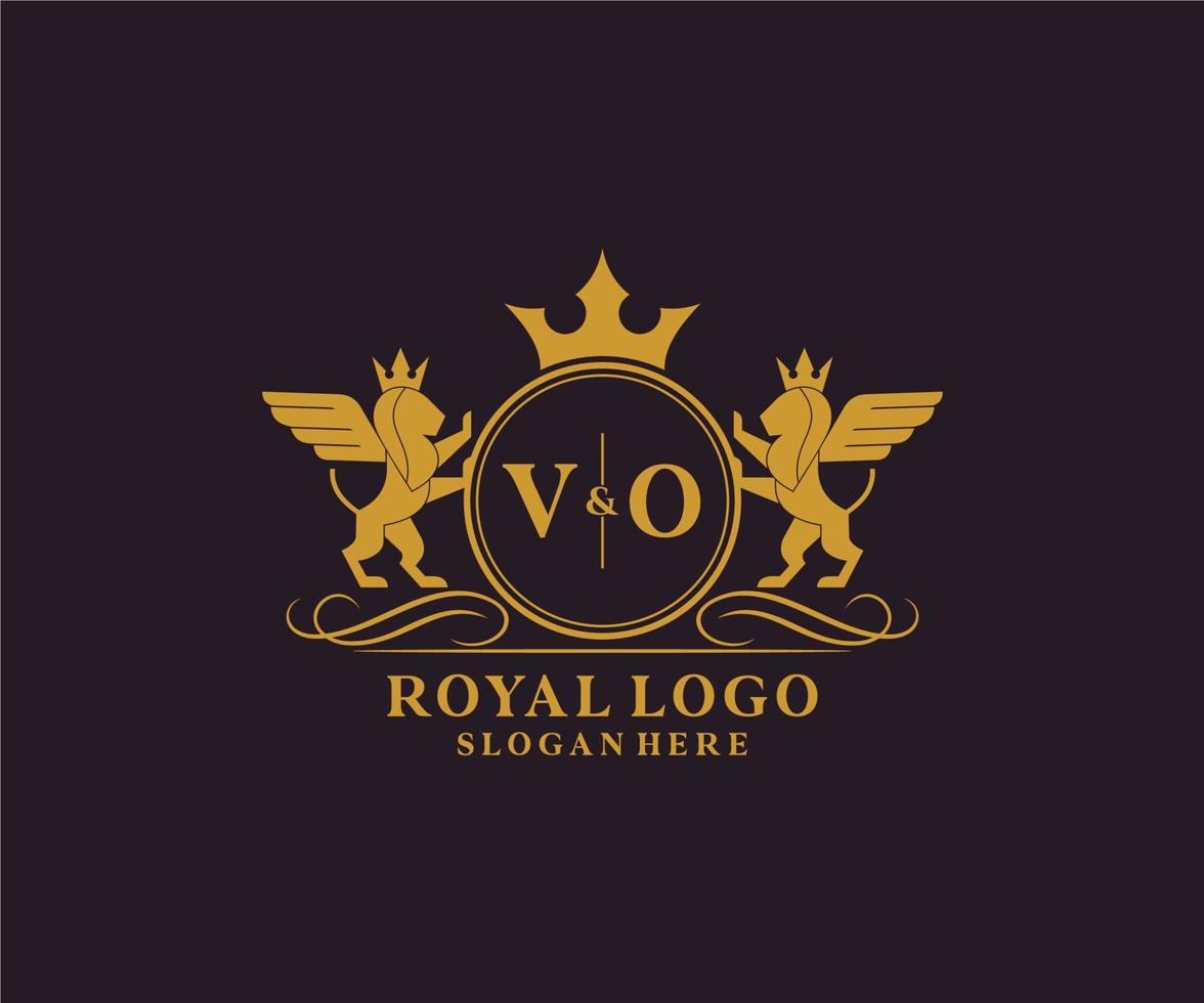 första vo brev lejon kunglig lyx heraldisk, vapen logotyp mall i vektor konst för restaurang, kungligheter, boutique, Kafé, hotell, heraldisk, Smycken, mode och Övrig vektor illustration.