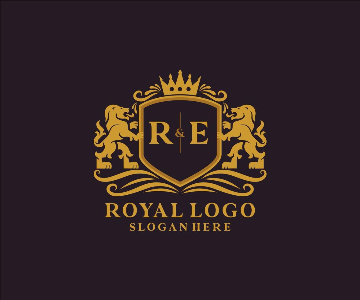 första re brev lejon kunglig lyx logotyp mall i vektor konst för restaurang, kungligheter, boutique, Kafé, hotell, heraldisk, Smycken, mode och Övrig vektor illustration.