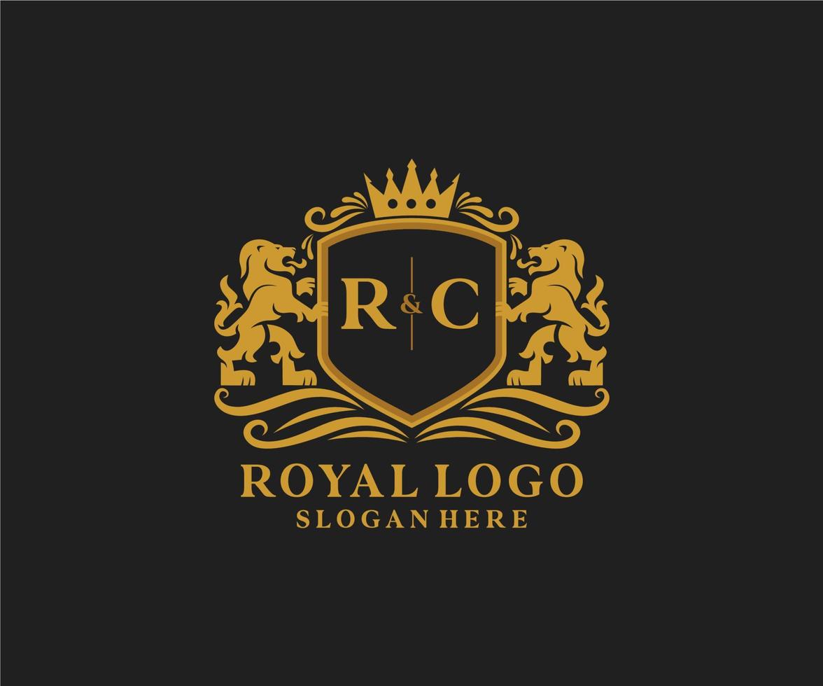 första rc brev lejon kunglig lyx logotyp mall i vektor konst för restaurang, kungligheter, boutique, Kafé, hotell, heraldisk, Smycken, mode och Övrig vektor illustration.